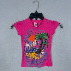 Vintage Ed Hardy Shirt Girls Size 3/4 Pink Palm Tree Sunset Y2K Rhinestone Kids